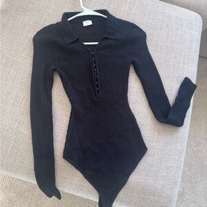 Abercrombie & Fitch Black Ribbed Long-Sleeve Polo Bodysuit